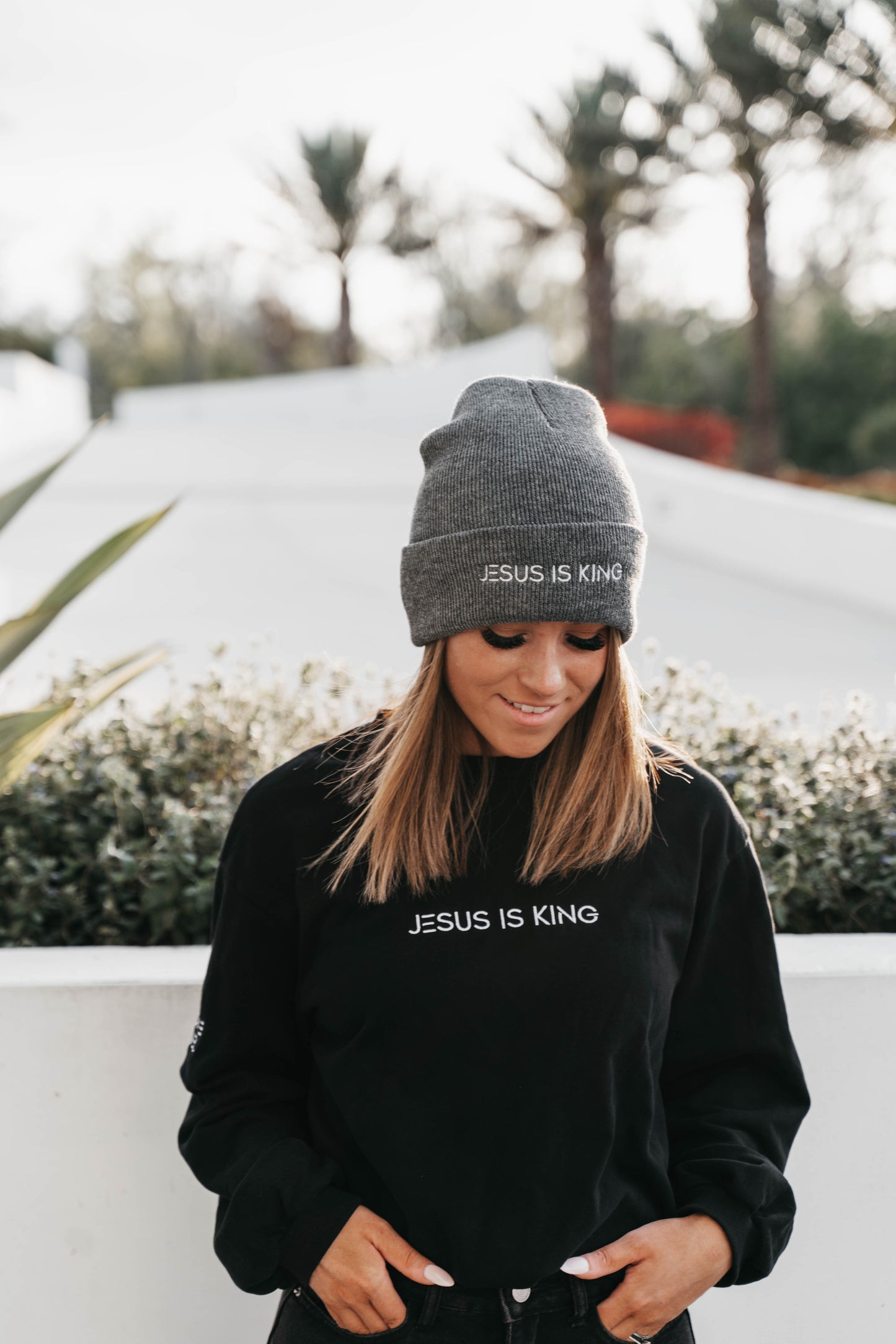 Unisex grey “Jesus Is King” beanie – Christian cozy winter accessory