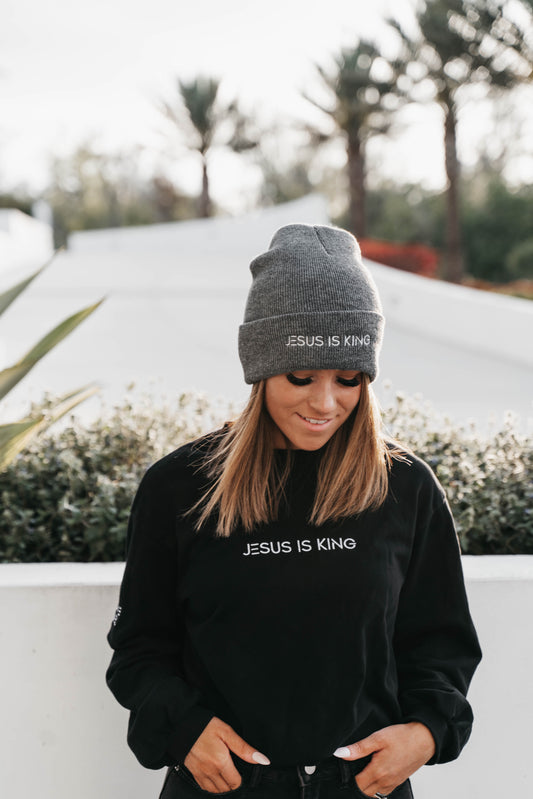 Unisex grey “Jesus Is King” beanie – Christian cozy winter accessory