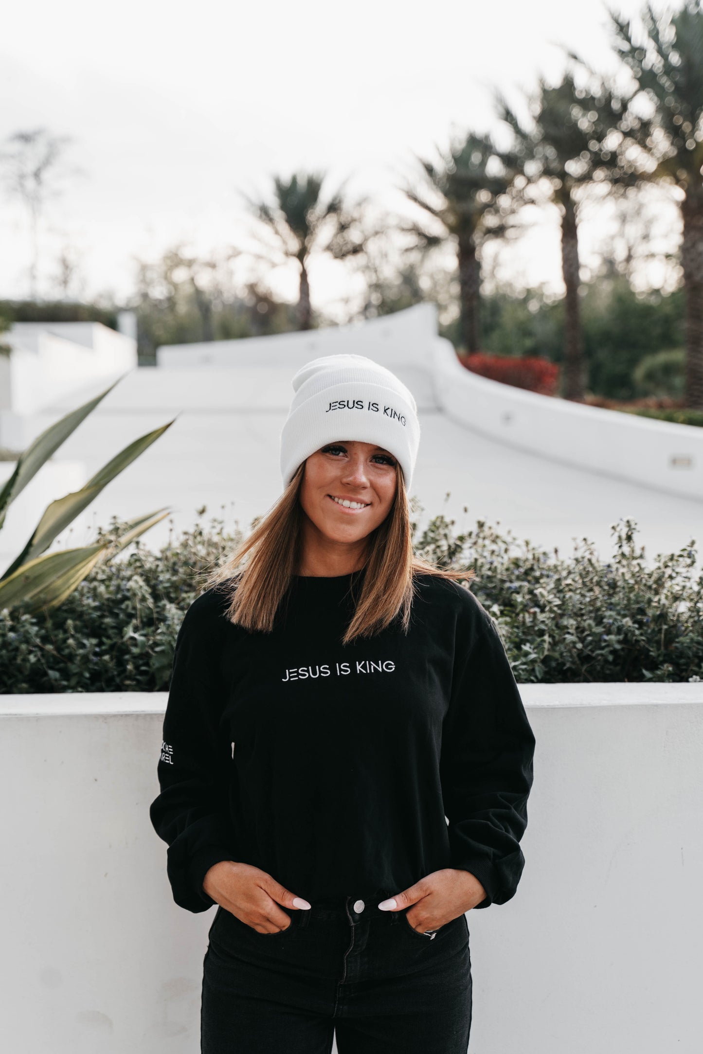 White knit beanie with “Jesus Is King” embroidery – Christian winter hat