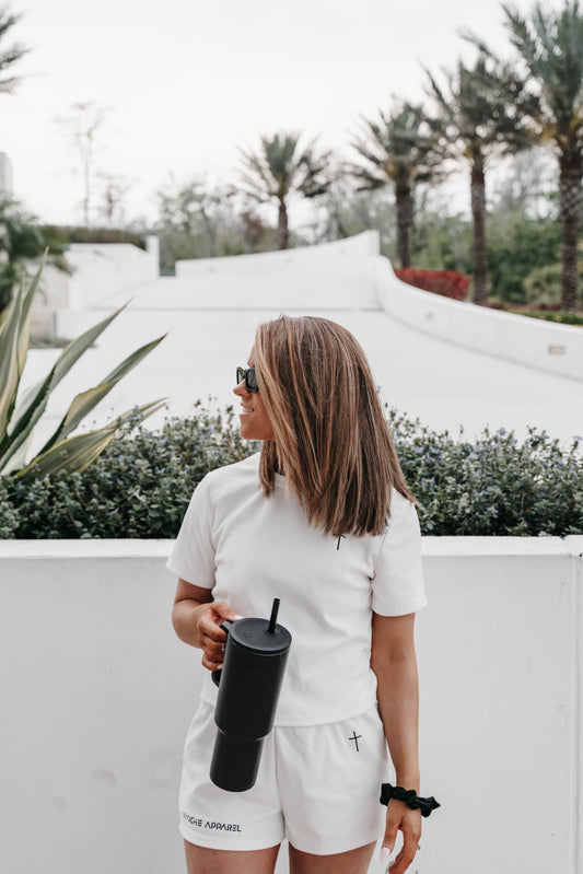 Woman wearing “The Cross” 2-piece lounge set – faith-inspired Christian loungewear