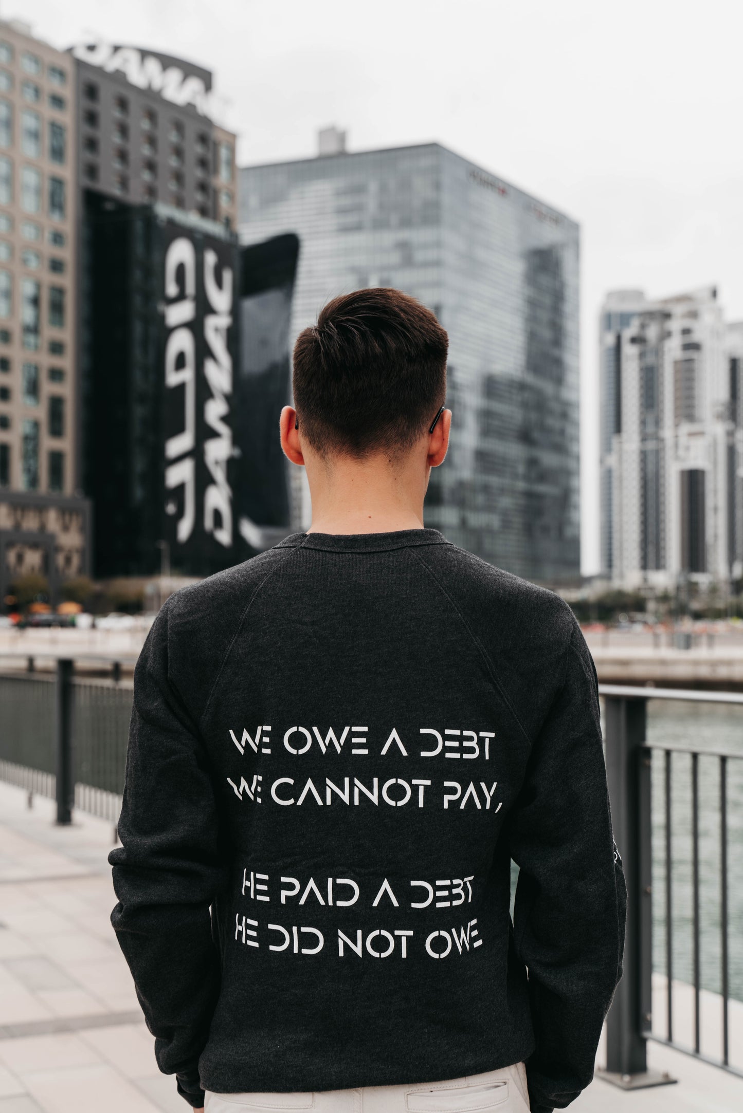 " WE OWE A DEBT.. " Men's Charcoal Grey Crewneck