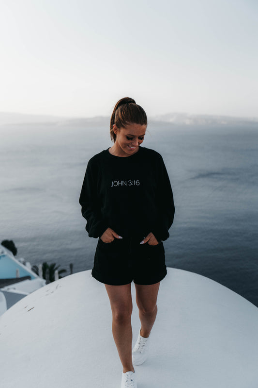 " JOHN 3:16 " Women's Black Crewneck