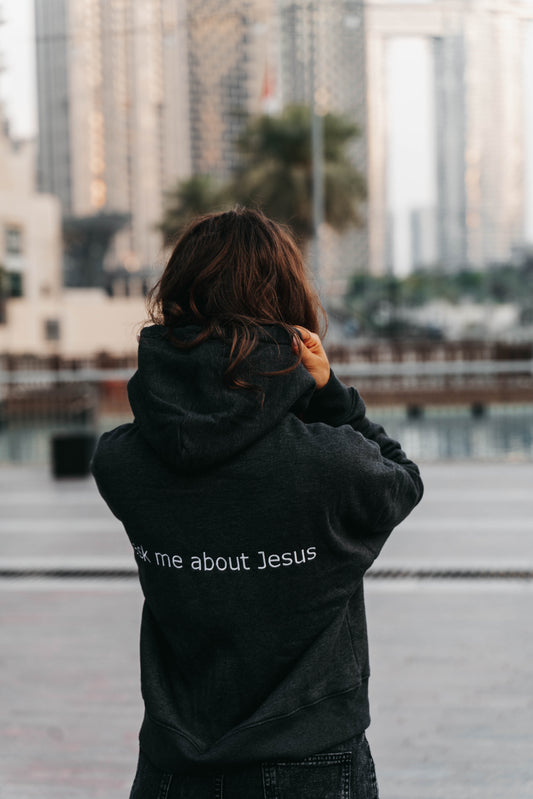 " ASK ME ABOUT JESUS " Women's Charcoal Grey Hoodie