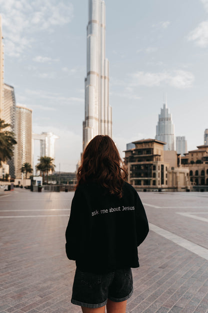 " ASK ME ABOUT JESUS " Women's Black Crewneck