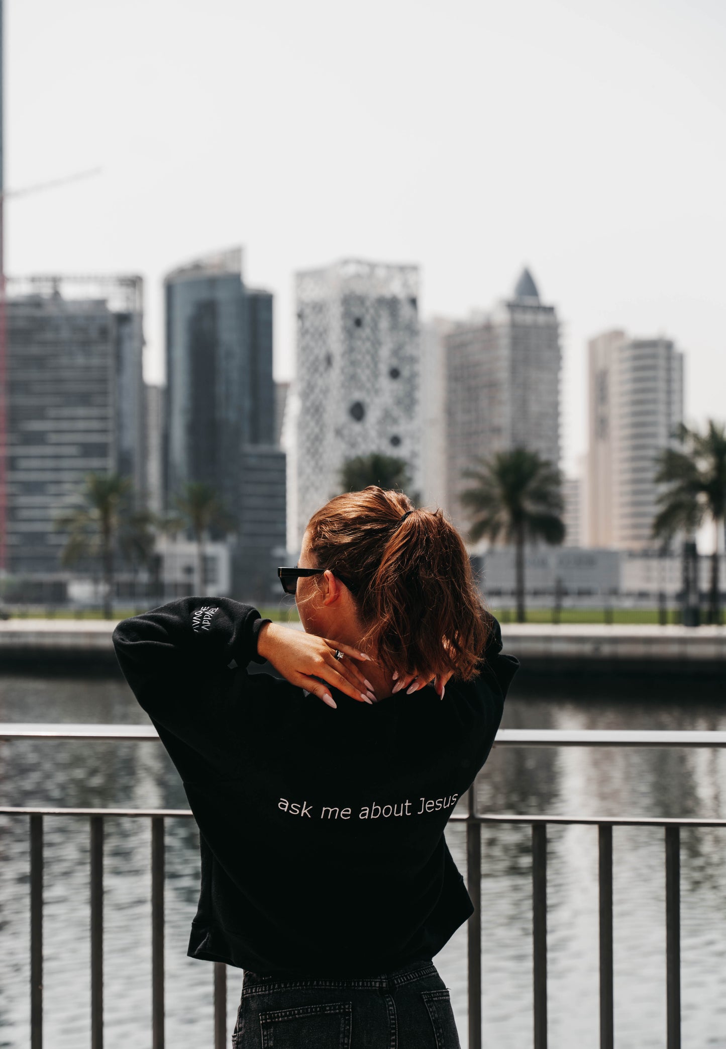 " ASK ME ABOUT JESUS " Women's Black Crewneck